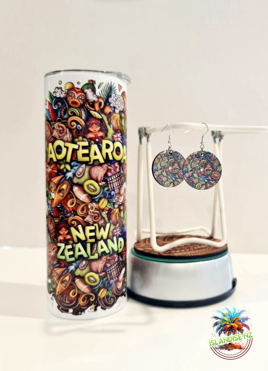 AOTEAROA NEW ZEALAND ICONS - 20oz/600ml Stainless Steel Tumbler & Matching Earrings Set